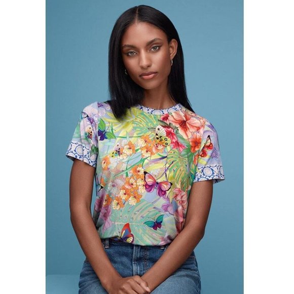 Johnny Was Cozumel Favorite Swing Tee Shirt Floral Butterfly Top Violet Green NW - Picture 1 of 16